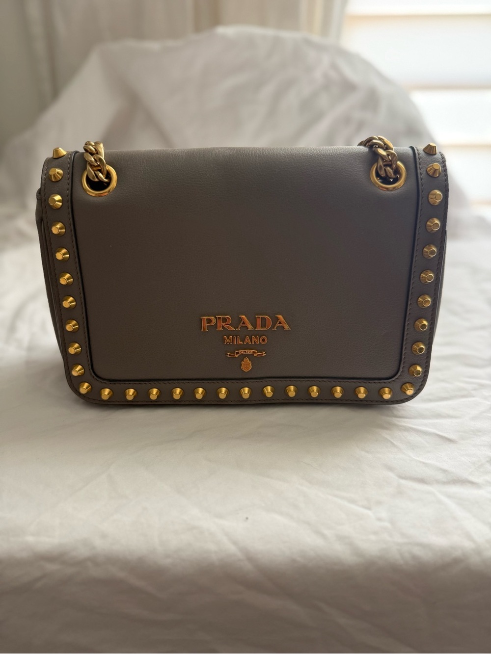 Prada Milano Gray Leather Gold Studded Chain Shoulder Crossbody Bag
